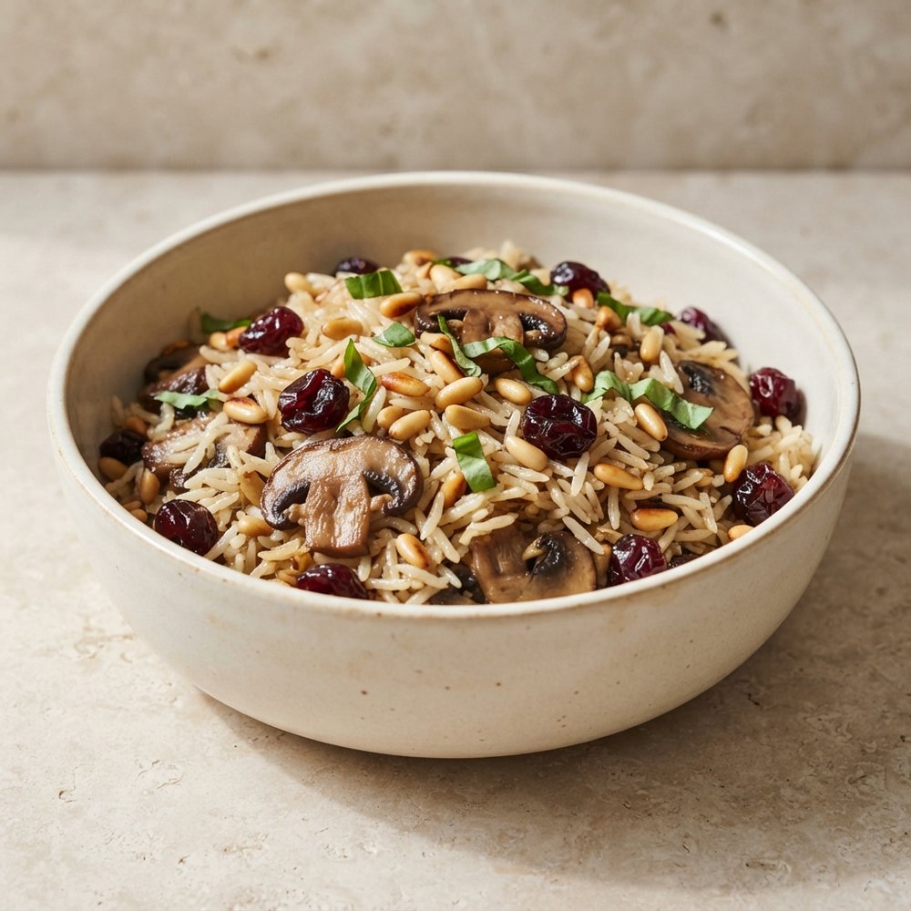 Mushroom Rice Pilaf with Pine Nuts and Cherries