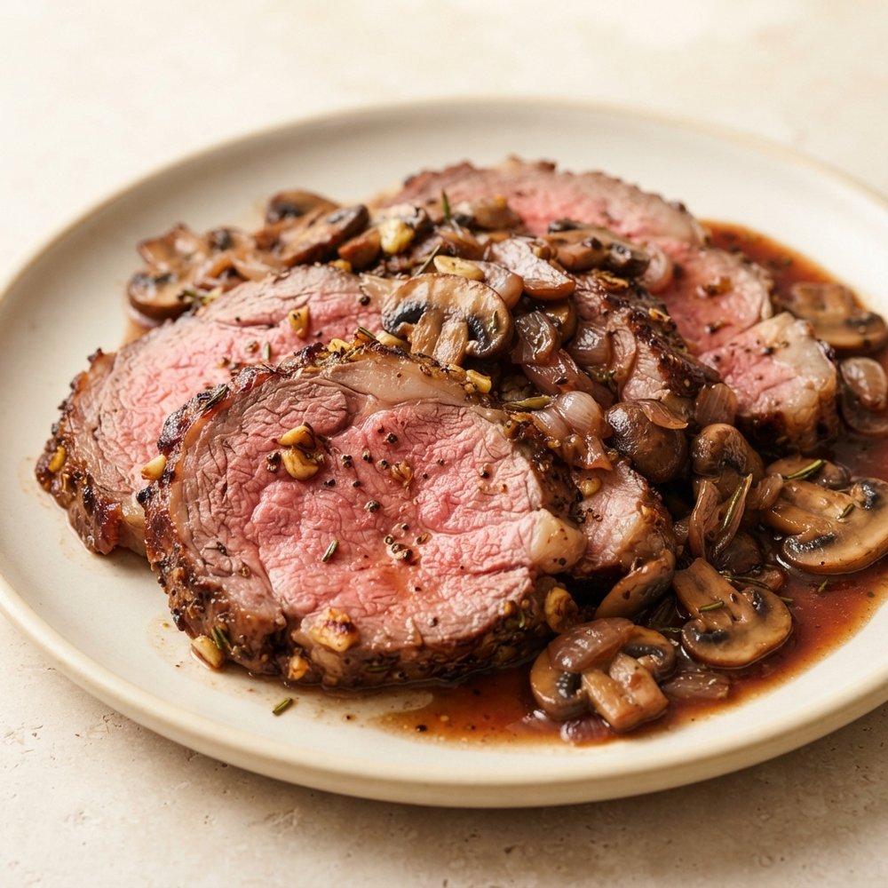 Garlic-Rosemary Crusted Boneless Prime Rib with Red Wine Mushroom Jus