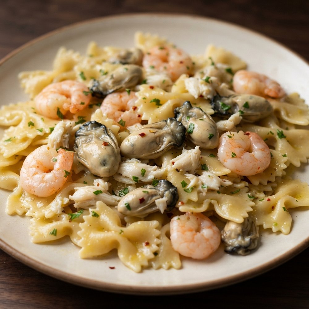Bow Tie Pasta with Shrimp, Oysters, and Lump Crab