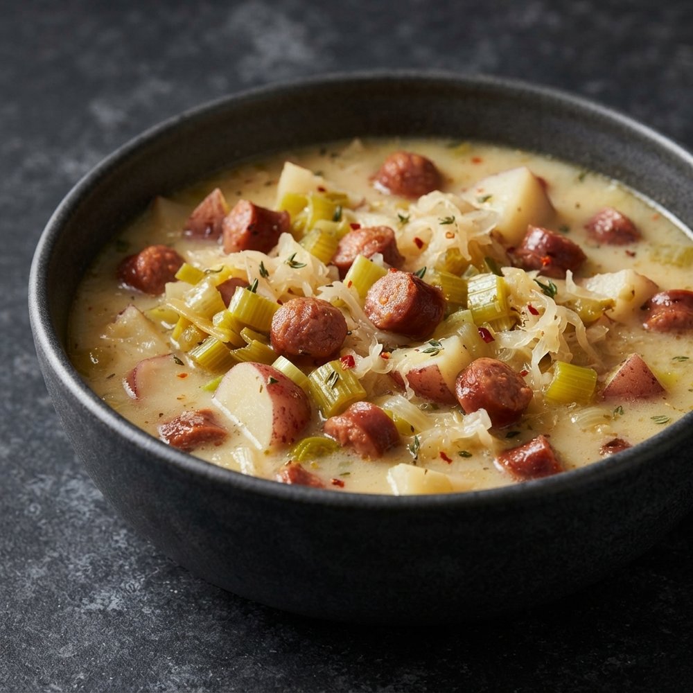 Leek, Potato and Sauerkraut Chowder with Kielbasa