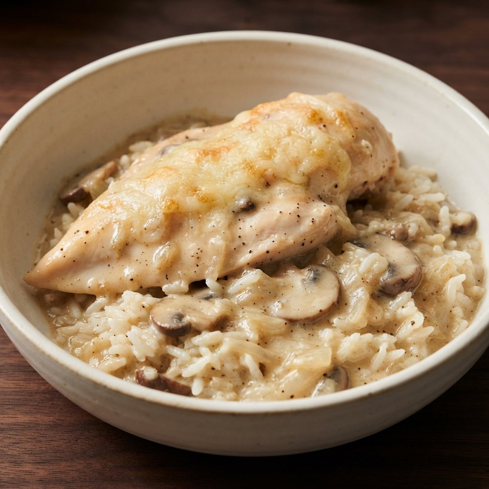 Slow Cooker Creamy Onion-Mushroom Chicken and Rice with Parmesan