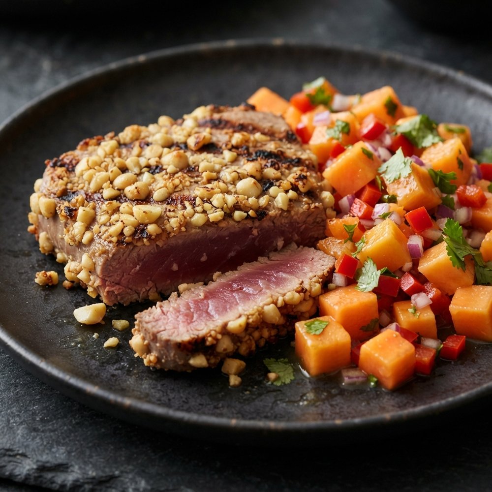 Papaya-Lime Salsa with Macadamia-Crusted Grilled Tuna