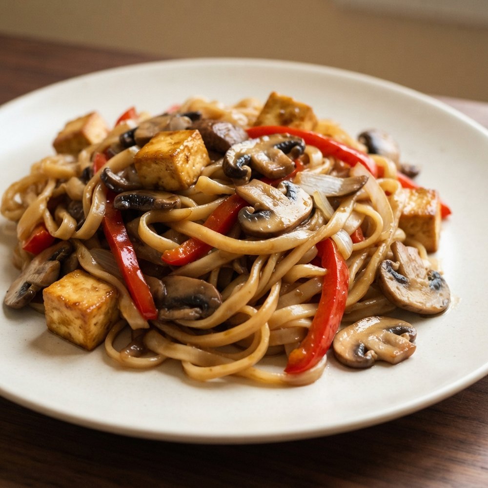 Tofu, Mushroom & Rice Noodle Stir-Fry