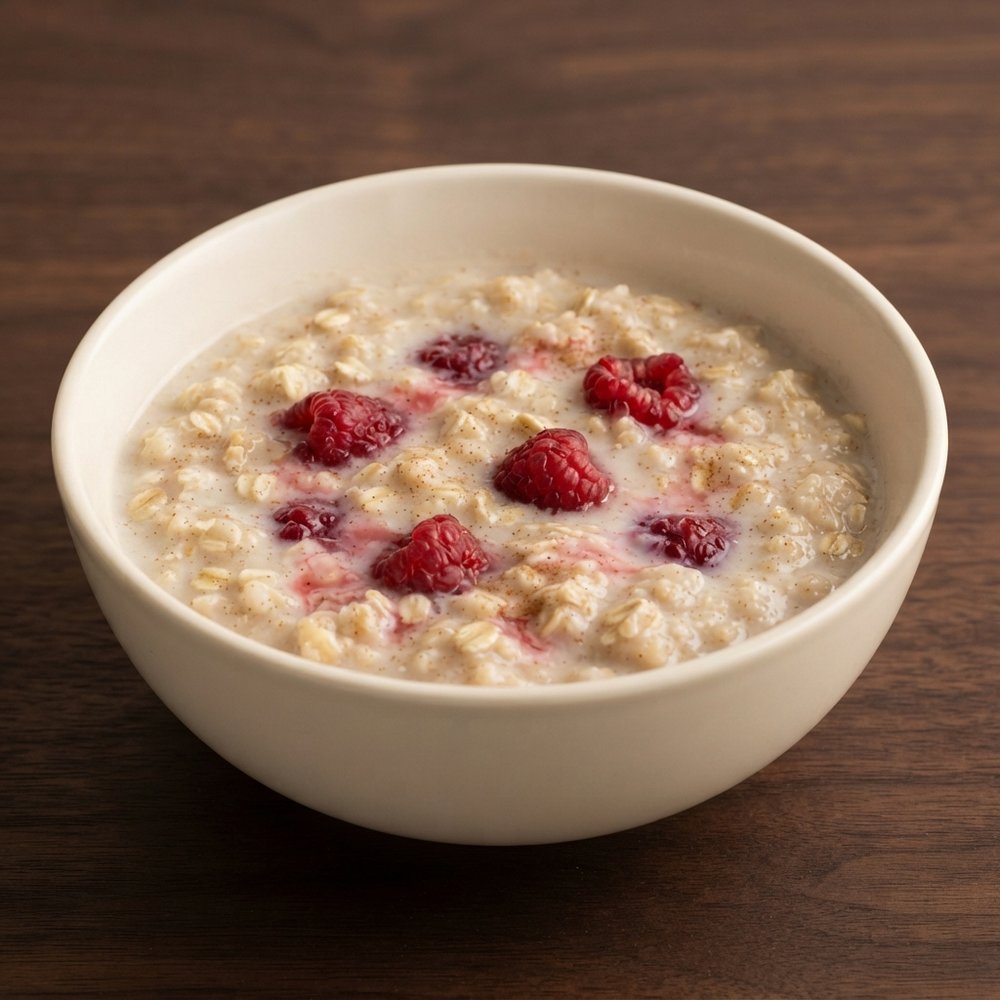 Speedy Almond Milk Oatmeal with Fresh Raspberries
