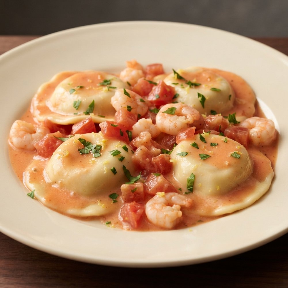 Tomato-Cream Lobster Ravioli with Shrimp