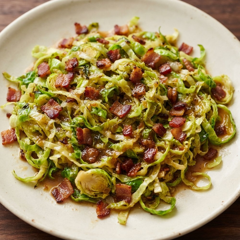 Shredded Brussels Sprouts with Warm Bacon Vinaigrette