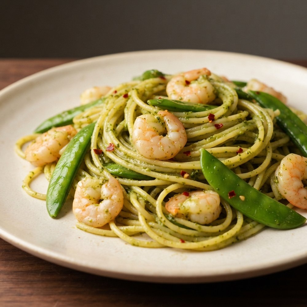 Lemon-Basil Pesto Shrimp with Spaghetti