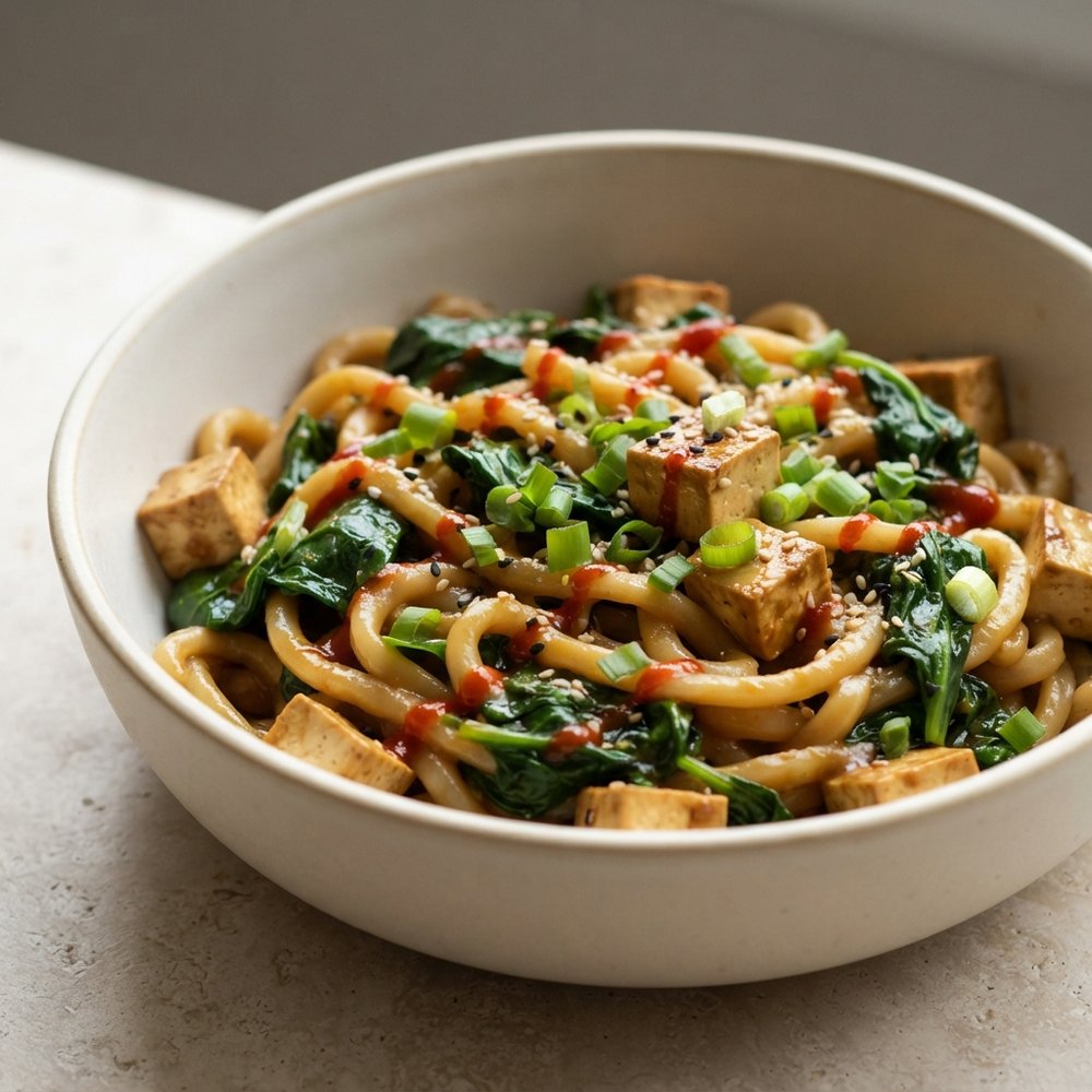 Udon with Miso-Butter, Spinach, and Tofu