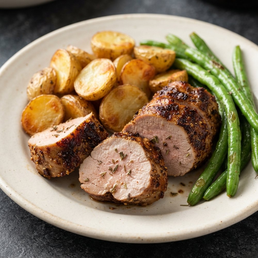 Air Fryer Dijon-Crusted Pork Tenderloin with Potatoes and Green Beans