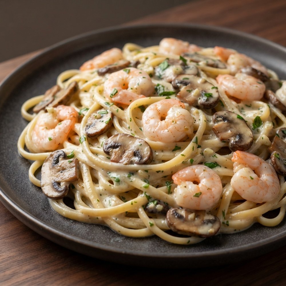 Linguine with Shrimp, Mushrooms, and Creamy Herb Cheese Sauce