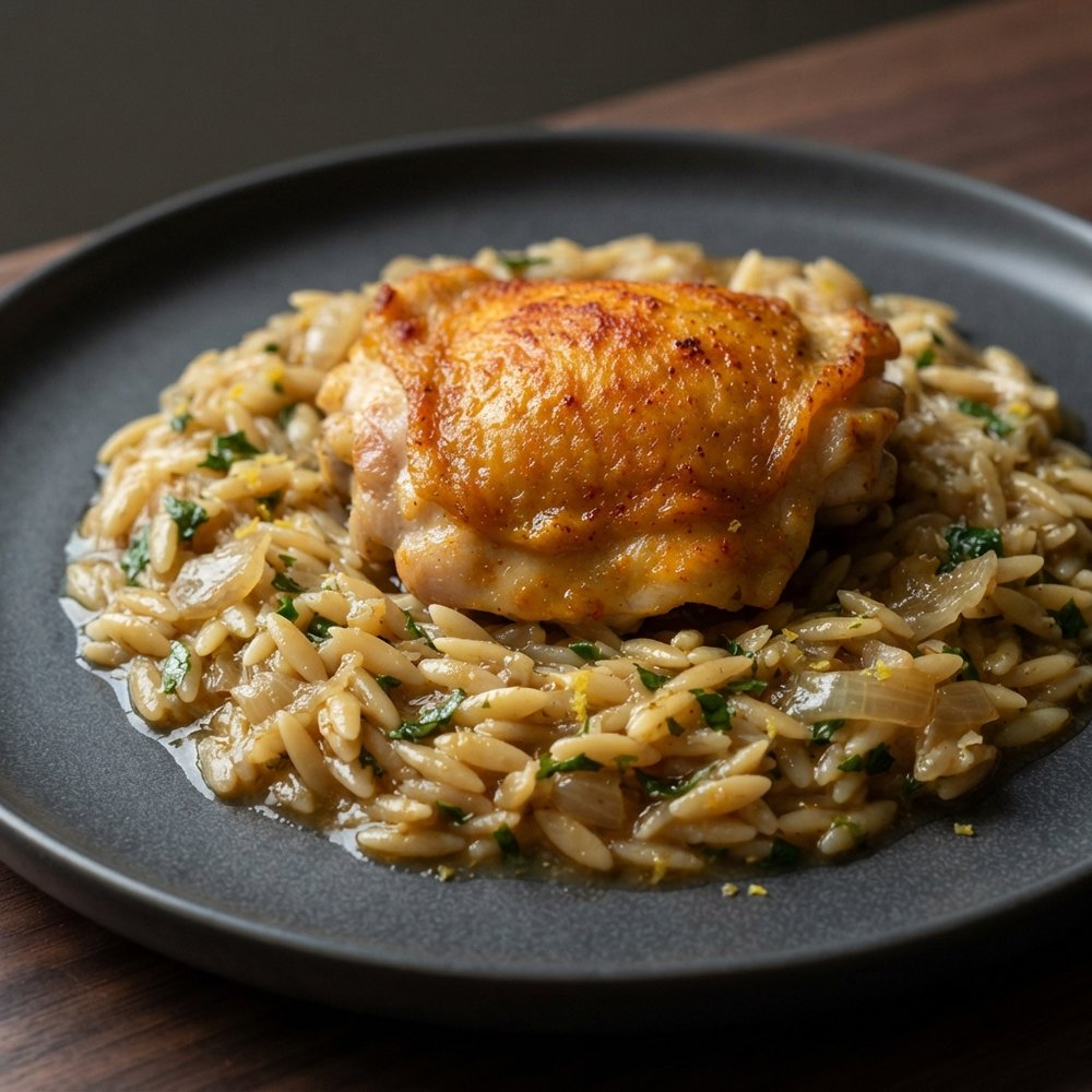 One-Pan Lemon Garlic Chicken Thighs with Orzo