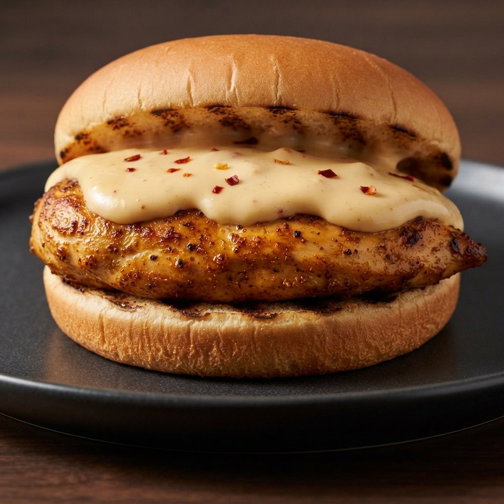 Fiery Chicken Burgers with Creamy Beer-Cheddar Sauce
