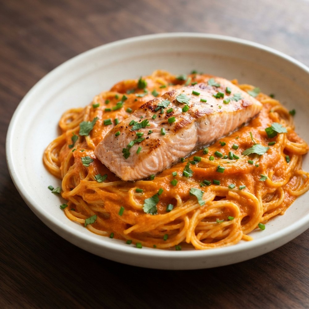 Salmon and Angel Hair with Roasted Red Pepper–Parmesan Sauce