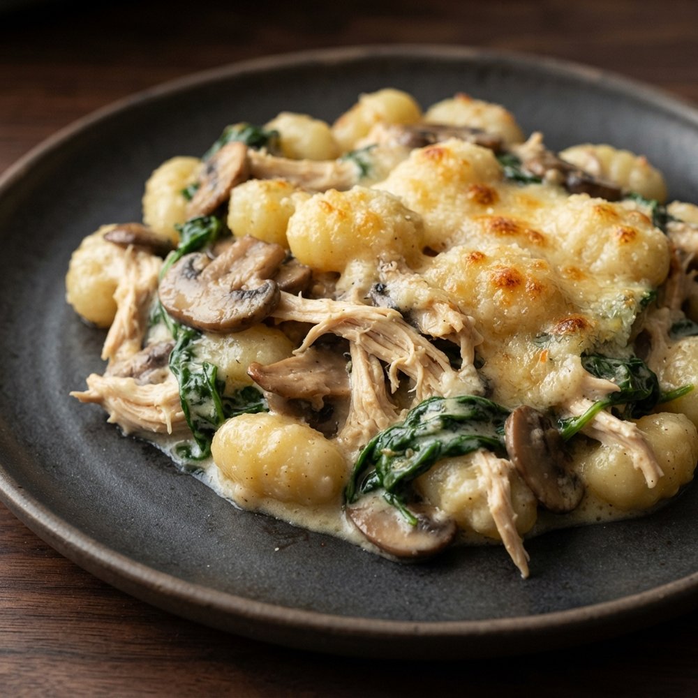 Creamy Baked Chicken Gnocchi with Mushrooms and Spinach