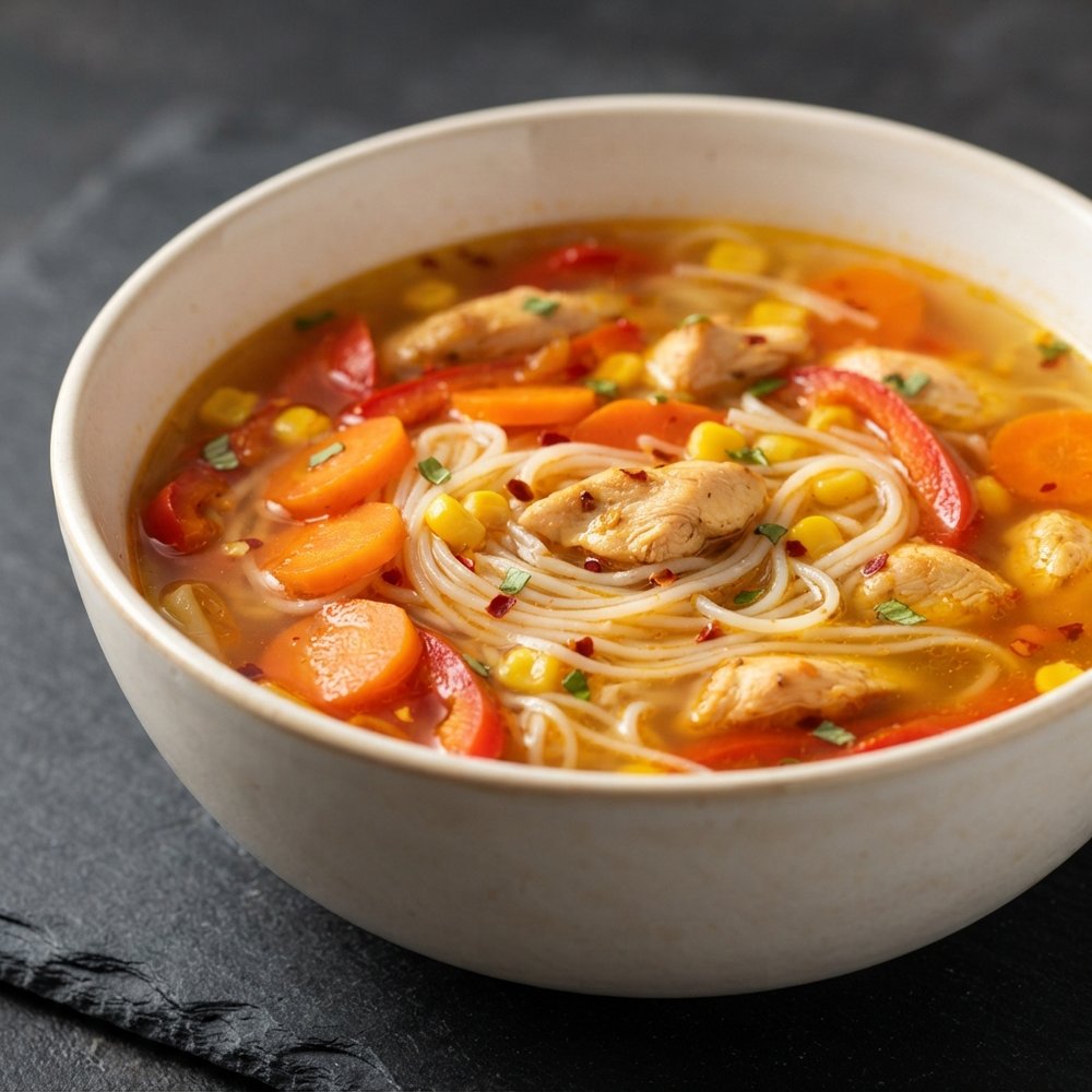 Fiery Chicken Rice Noodle Soup