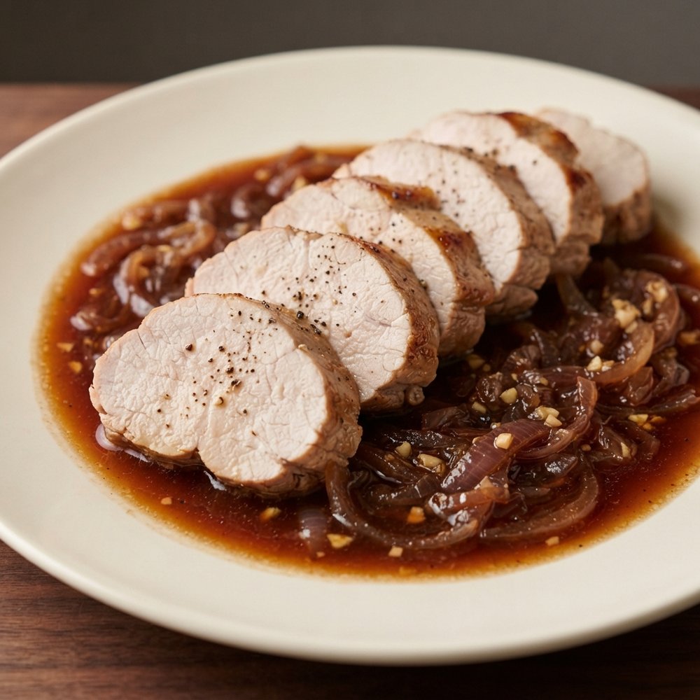 Slow Cooker Pork Tenderloin with Onion-Garlic Jus