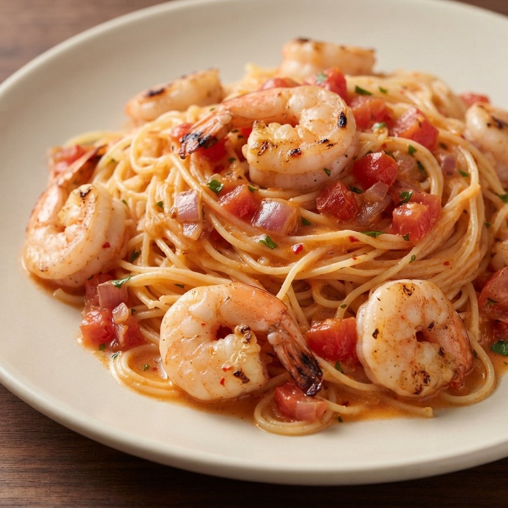 Grilled Shrimp with Bright Tomato Sauce over Angel Hair