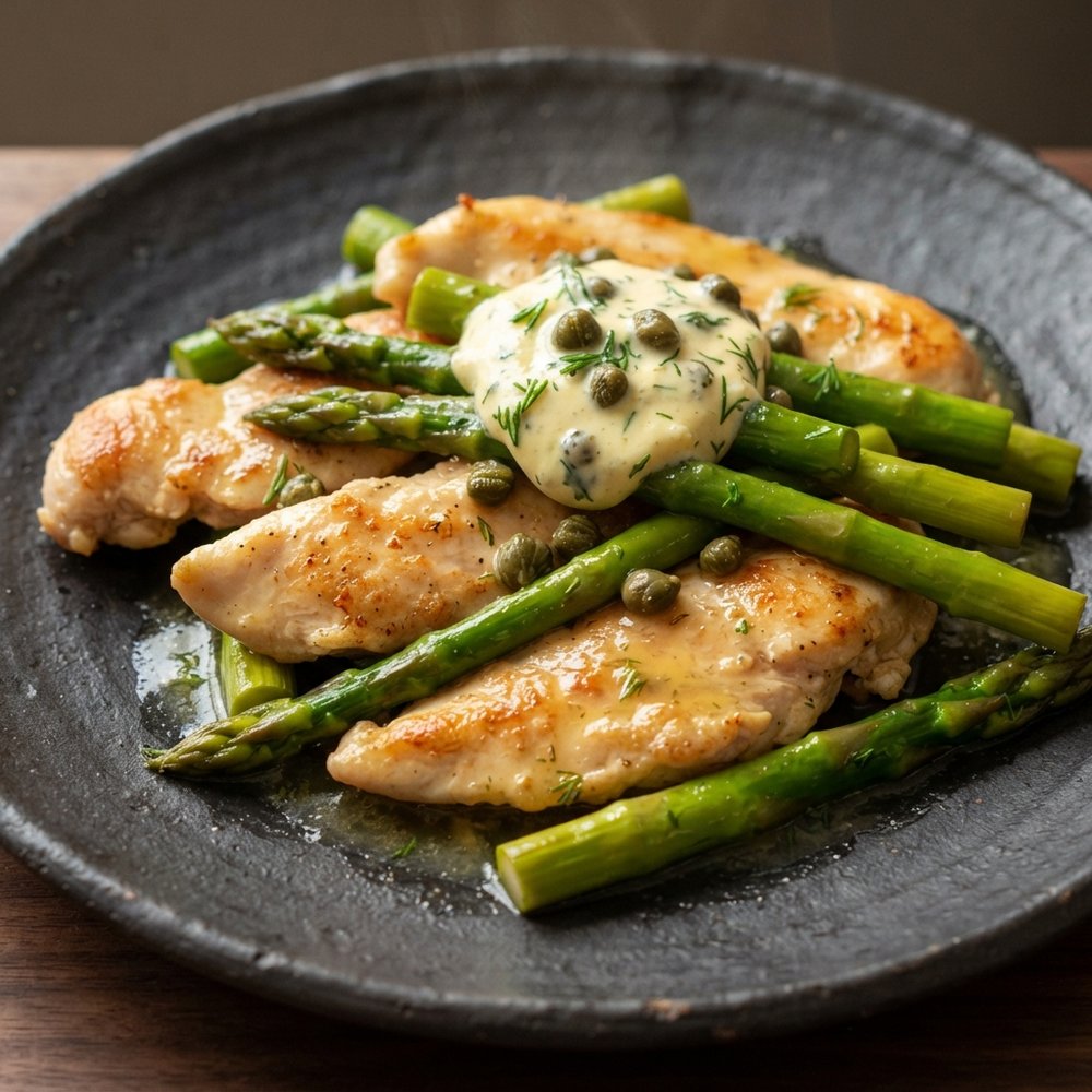 One-Pan Chicken Tenders and Asparagus with Lemon-Caper Cream