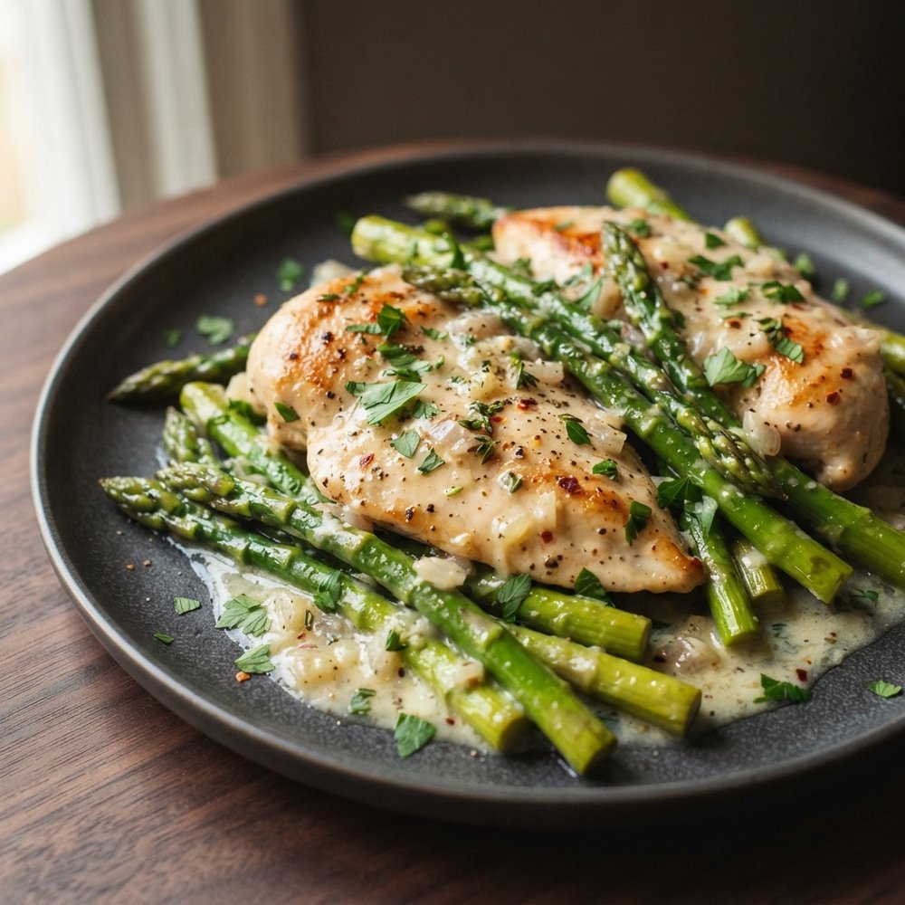 Skillet Cream Lemon-Garlic Chicken with Asparagus