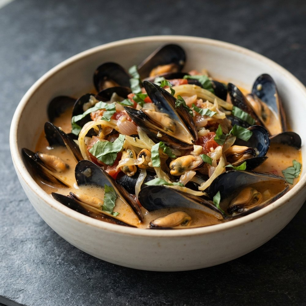 Steamed Mussels with Fennel, Tomatoes, Ouzo, and Cream