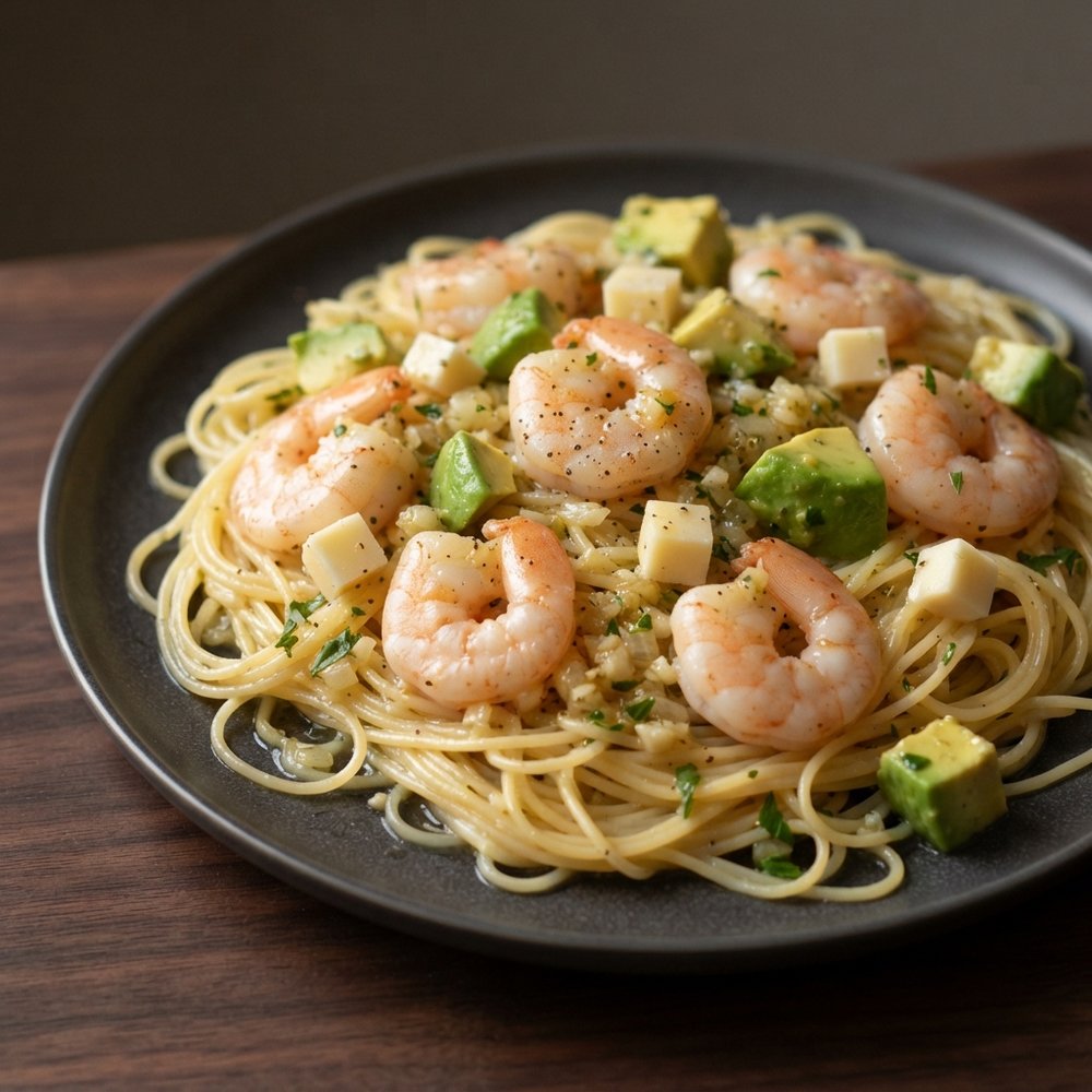 Shrimp Scampi with Angel Hair and Avocado (3000 kcal OMAD)