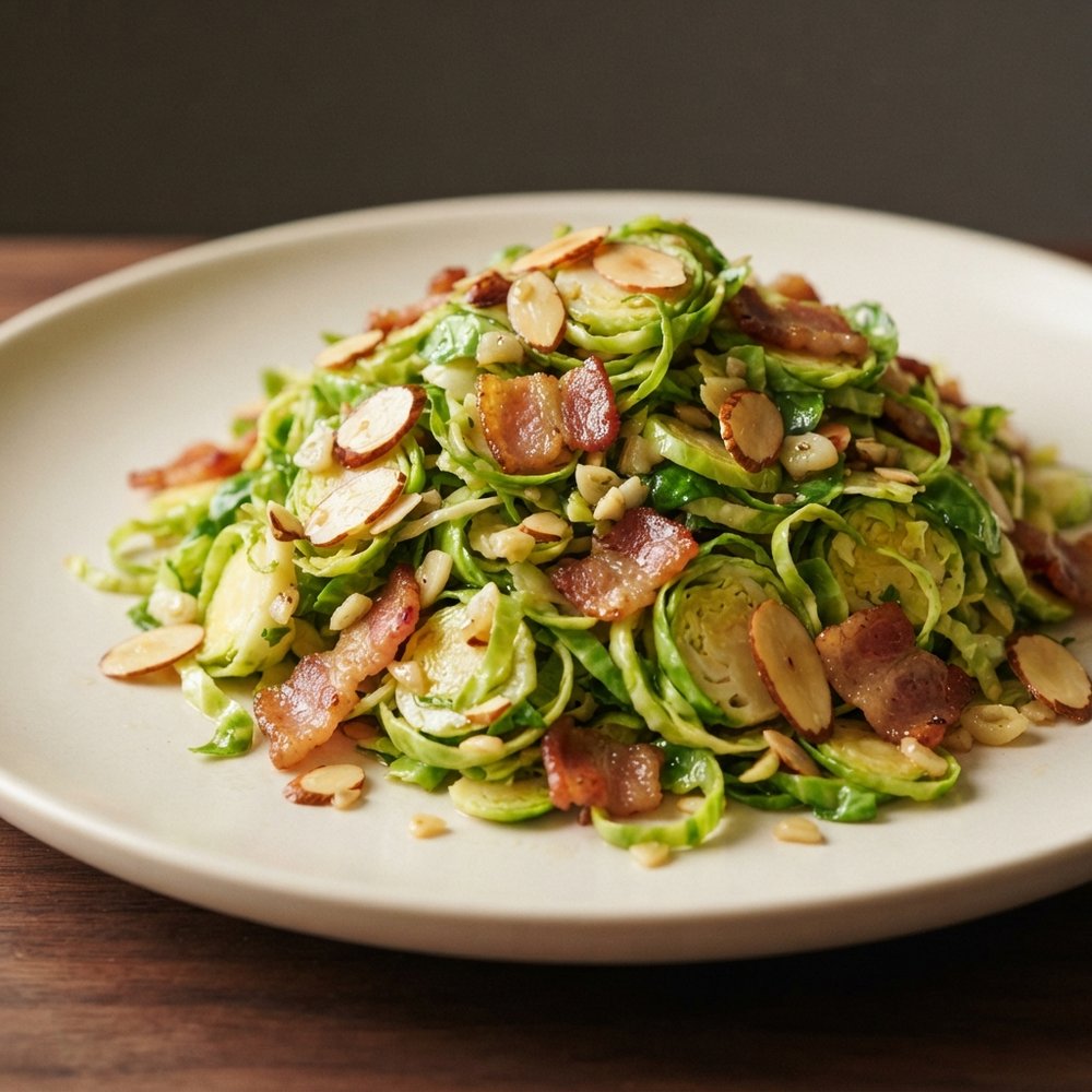 Crisp Shaved Brussels Sprouts with Bacon and Almonds