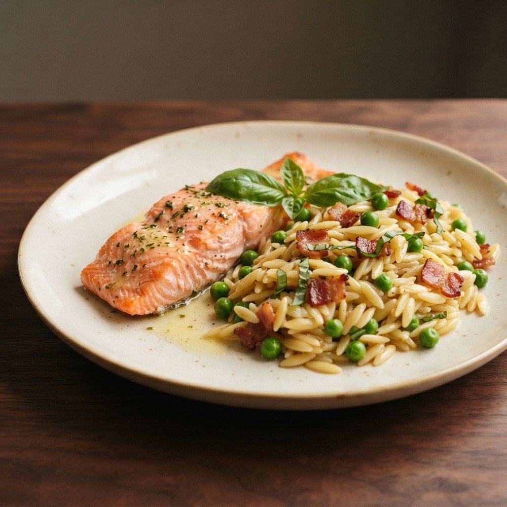 Oven-Roasted Salmon with Lemon Orzo and Basil-Bacon Peas