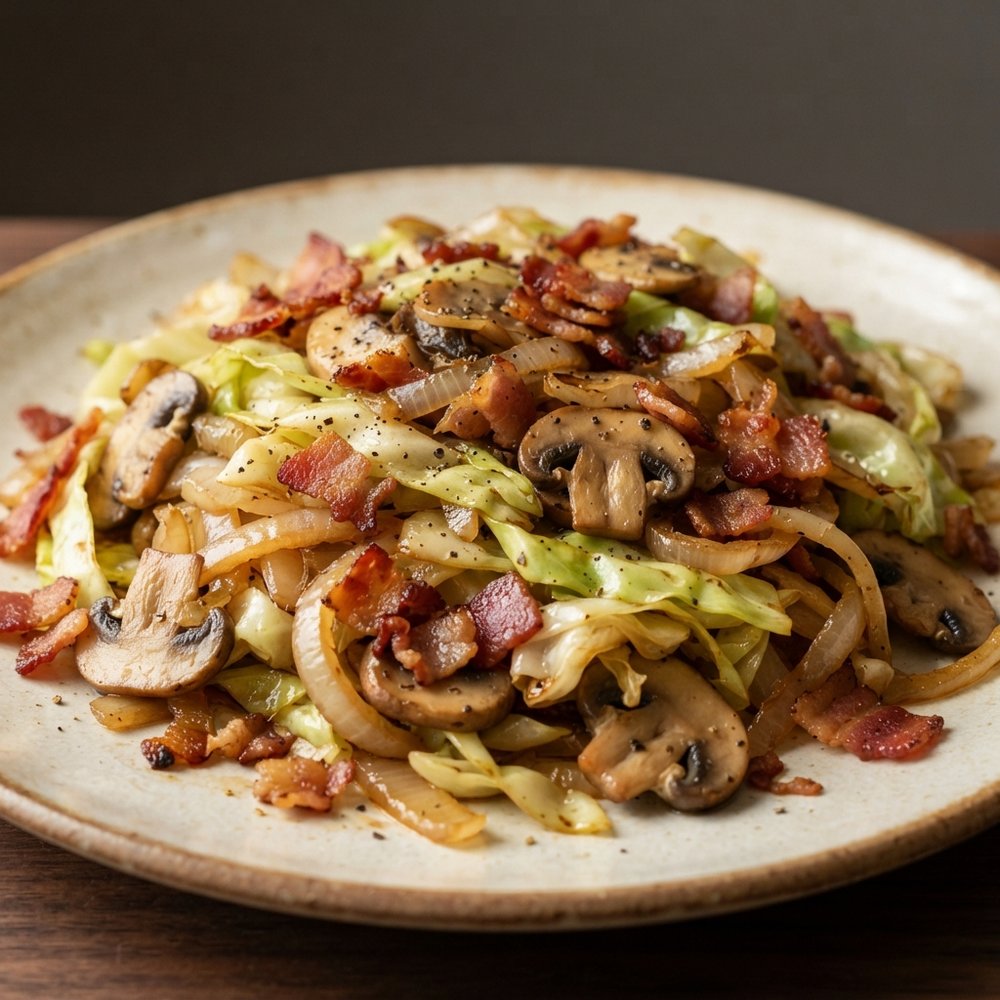 Skillet-Fried Cabbage with Bacon, Mushrooms, and Onions