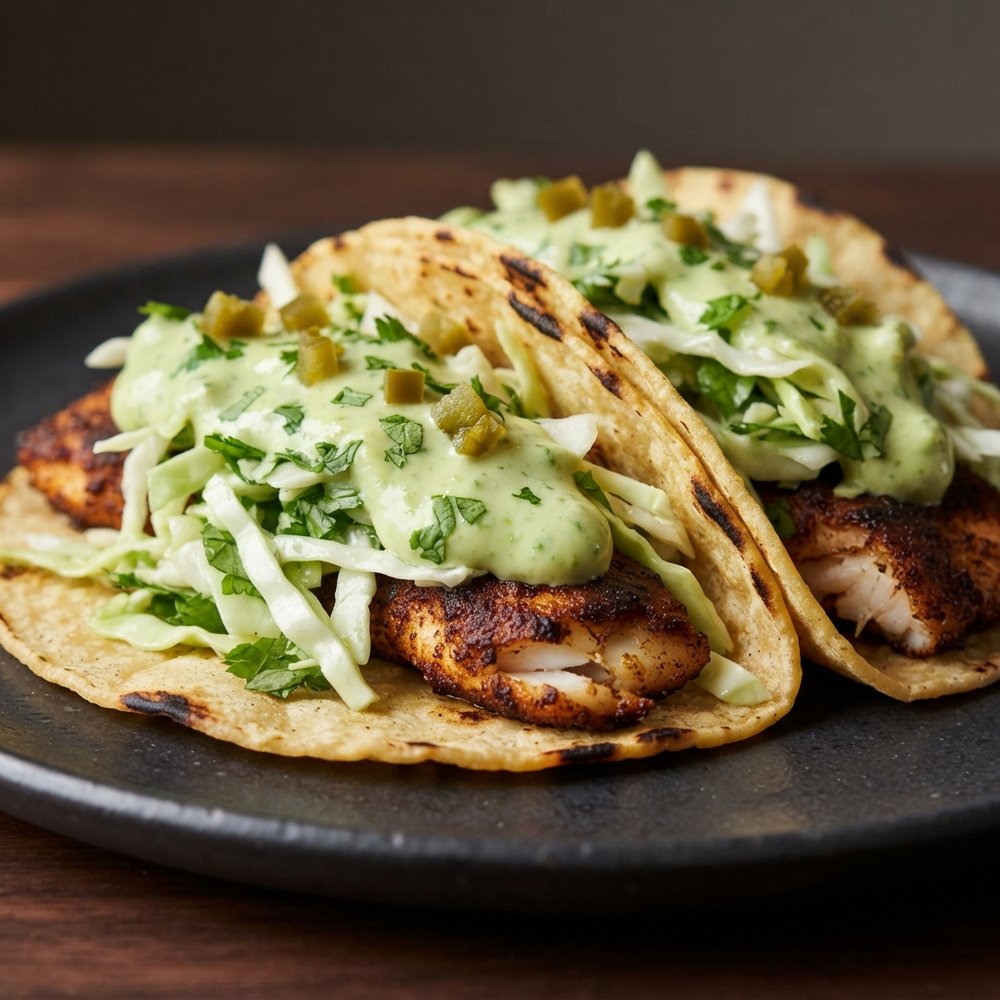 Blackened Fish Tacos with Creamy Avocado Sauce