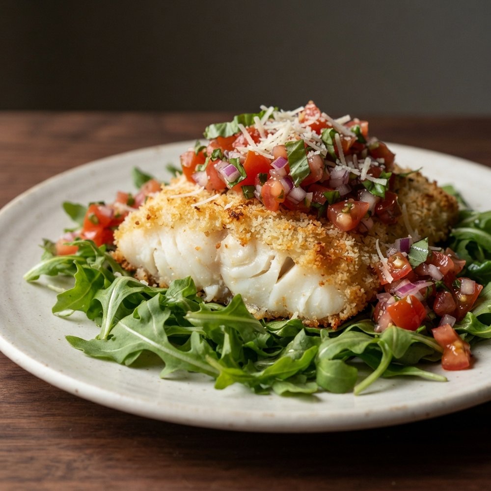 Parmesan-Crusted Black Cod with Arugula and Tomato Basil Relish