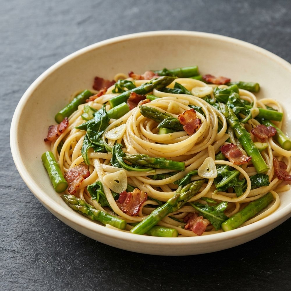 Linguine Tossed with Asparagus, Bacon, and Arugula