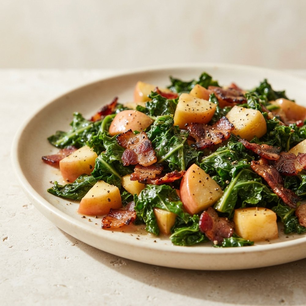 Kale Sauté with Peppered Bacon and Apples
