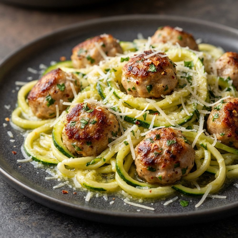 Chicken Meatballs with Garlic-Butter Zucchini Noodles