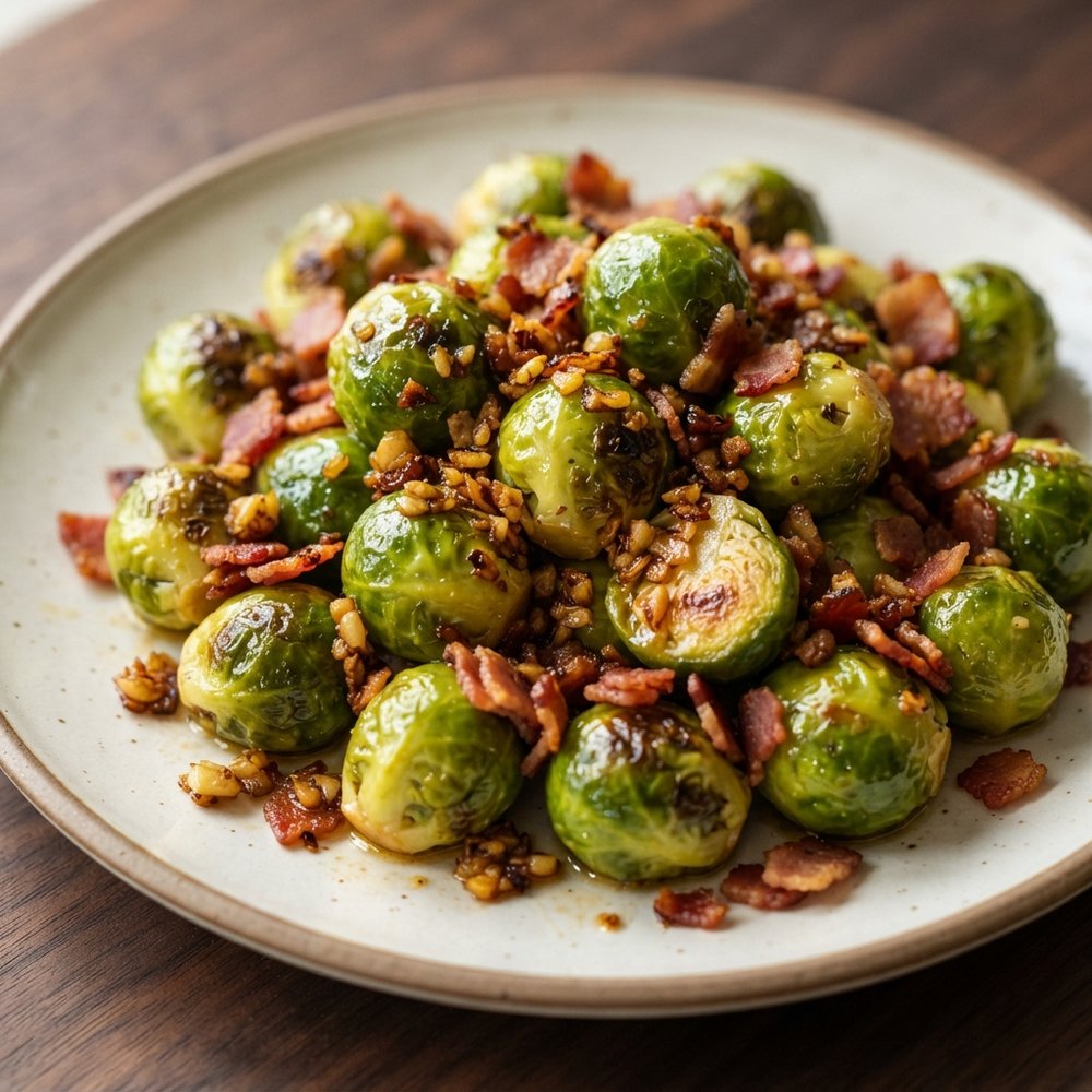 Garlic Brussels Sprouts with Crispy Bacon
