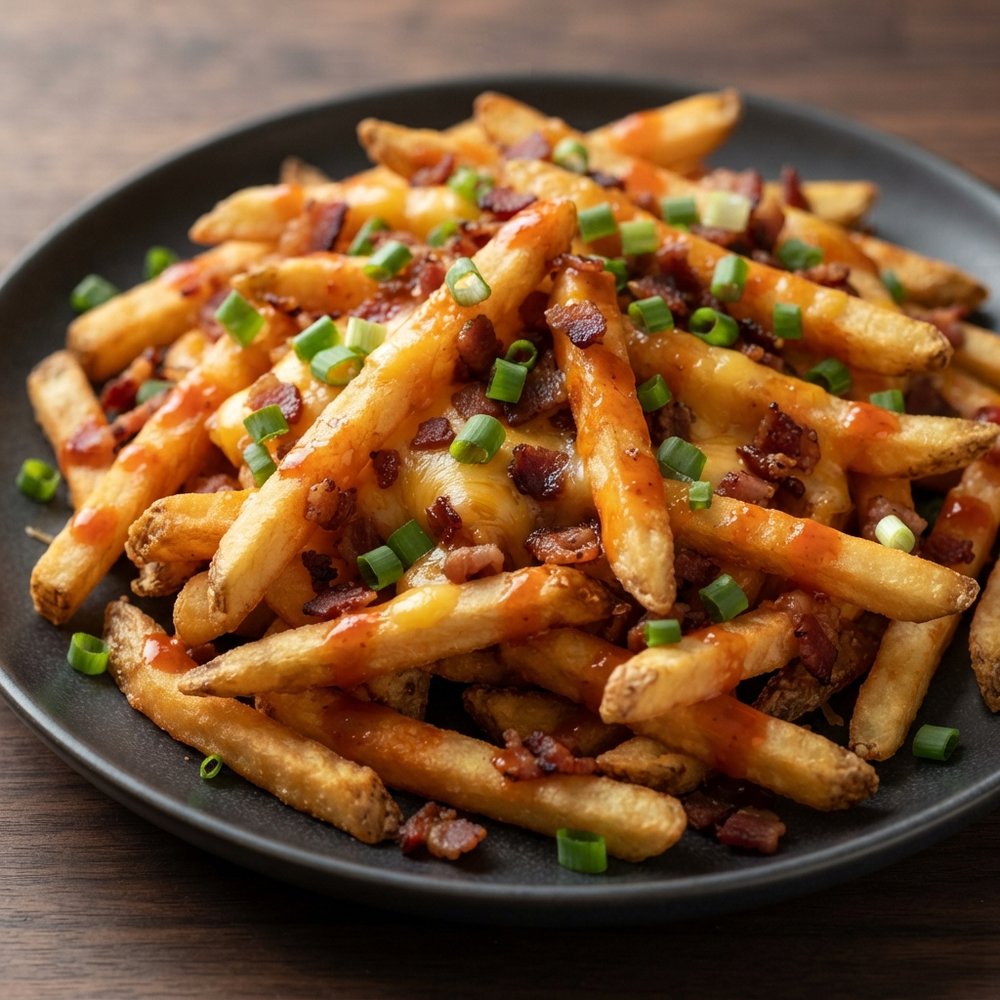 Sriracha-Loaded Cheddar Bacon Fries