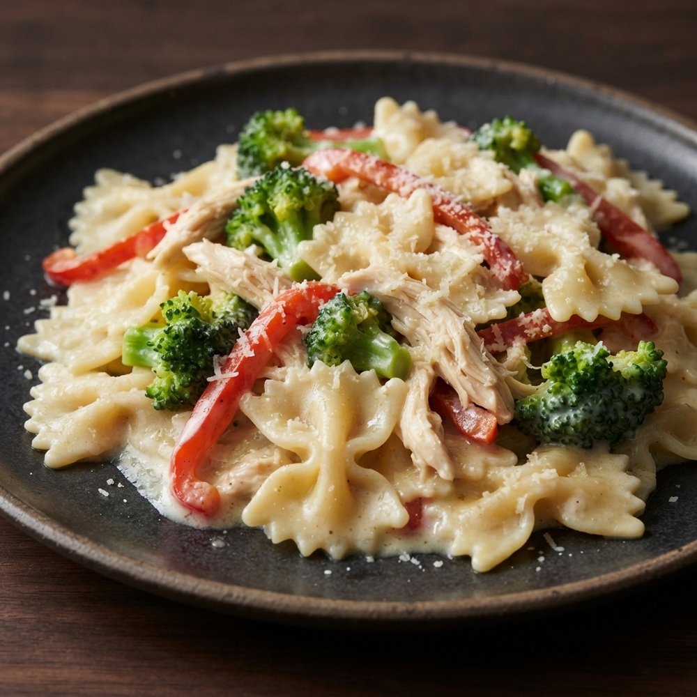 Creamy Chicken Farfalle with Broccoli and Peppers