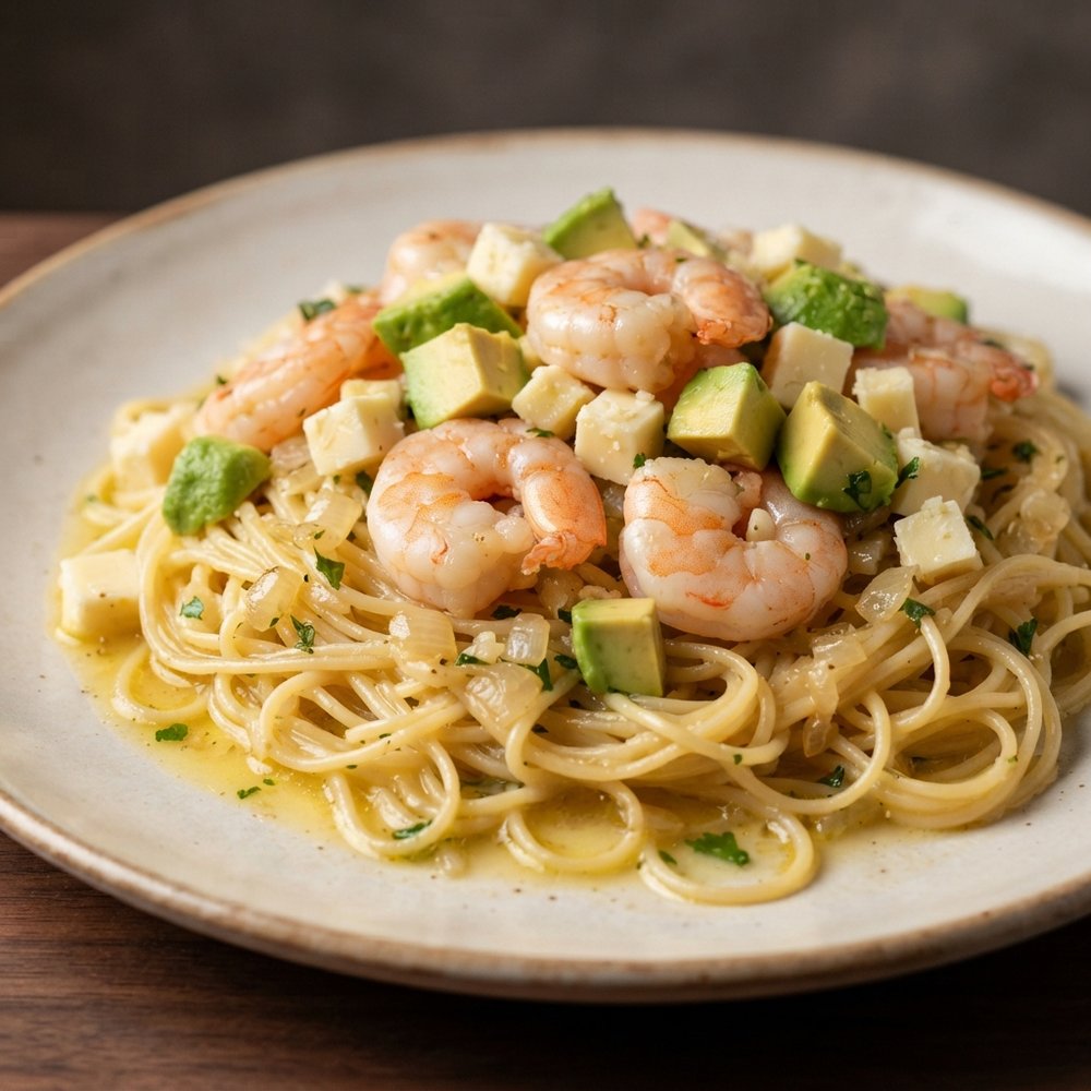Shrimp Scampi with Angel Hair and Avocado (2750 kcal OMAD)