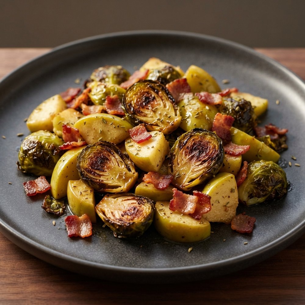 Maple-Herb Roasted Brussels Sprouts with Bacon and Apples