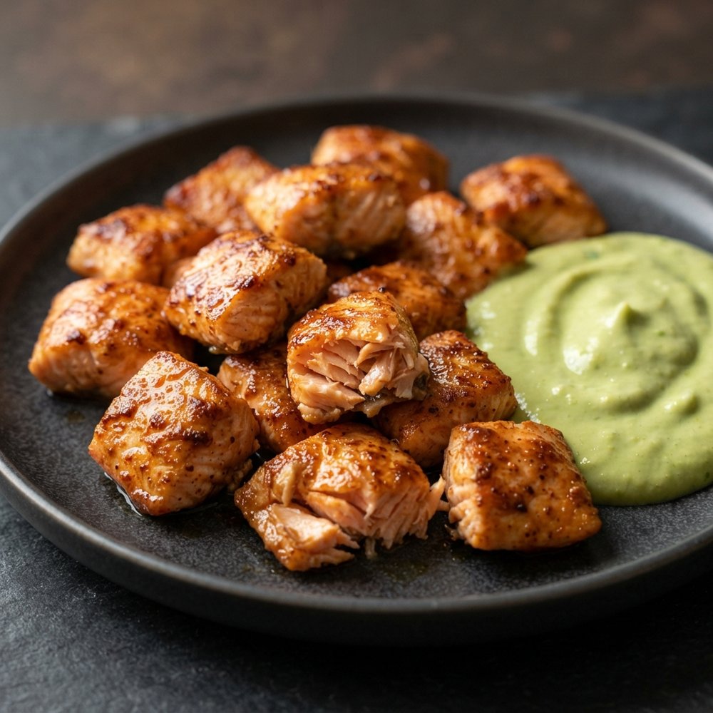 Air-Fried Spicy Salmon Nuggets with Avocado Lime Sauce