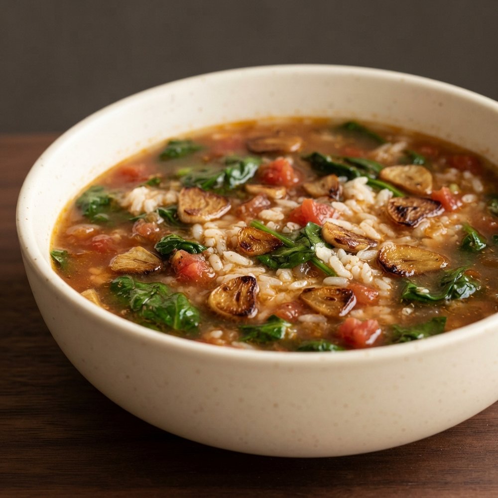 Spinach and Roasted Garlic Rice Soup