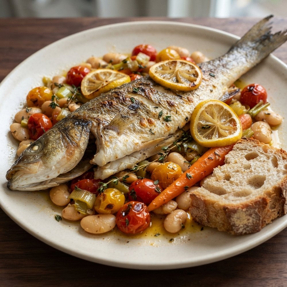 Roasted Branzino with Blistered Tomatoes and Butter Beans