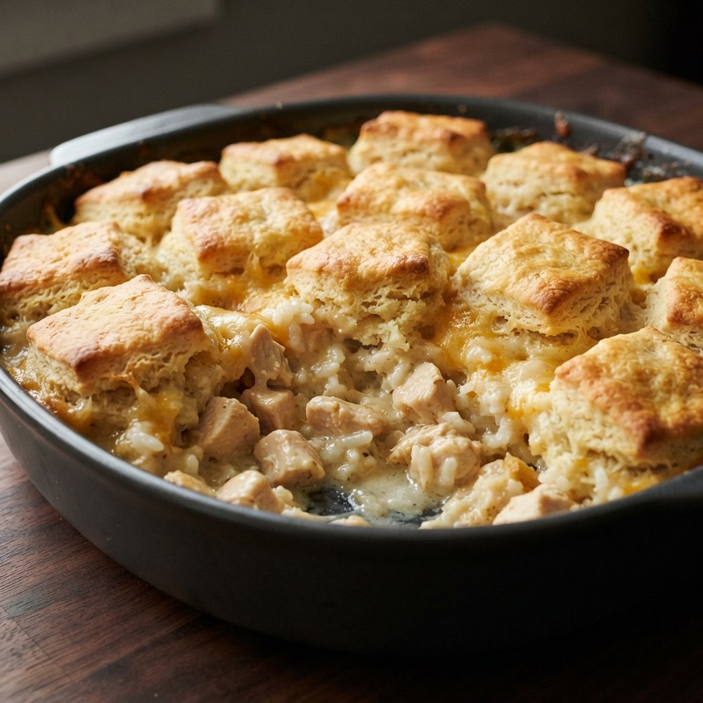 Creamy Chicken and Rice Biscuit Bake