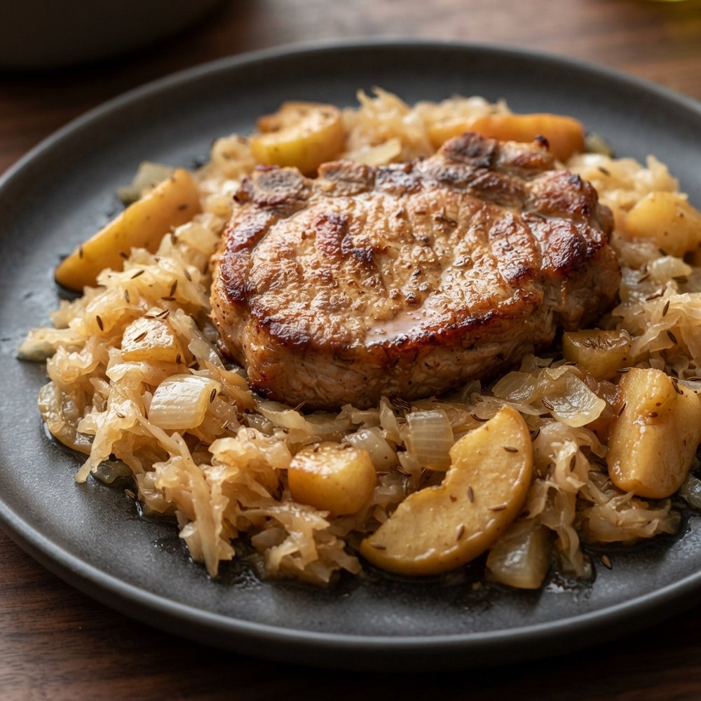 Baked Pork Chops with Sauerkraut and Apples (German-Style)