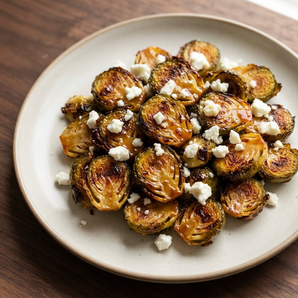 Air Fryer Brussels Sprouts with Balsamic-Honey Drizzle and Feta