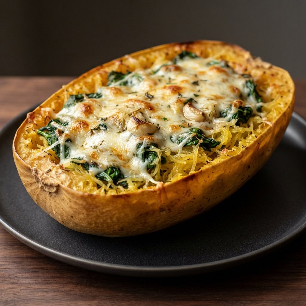 Spinach-Stuffed Spaghetti Squash with Roasted Garlic and Cheese