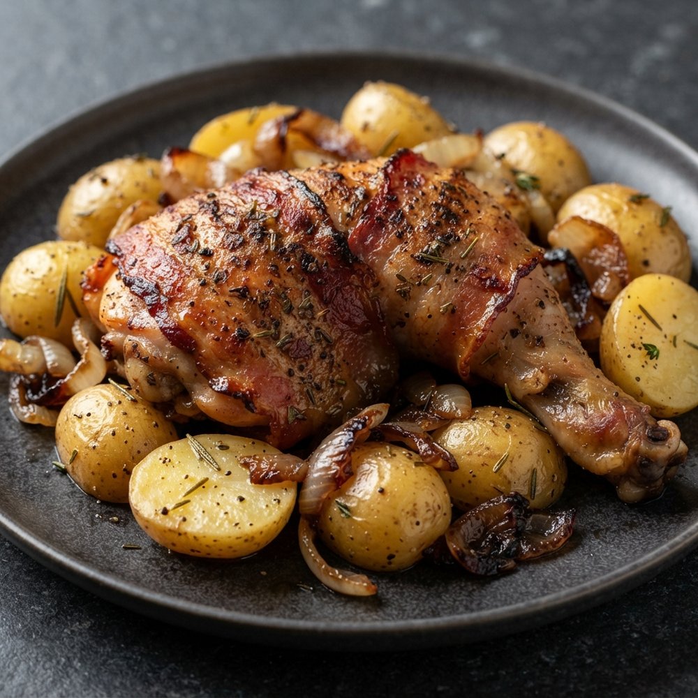 Bacon-Wrapped Roasted Chicken with Baby Potatoes