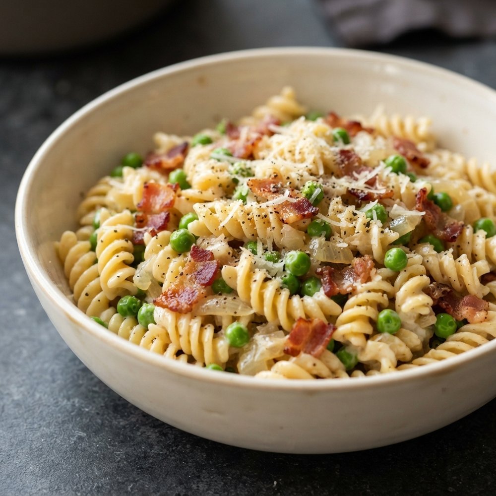 One Pan Pasta with Bacon and Peas