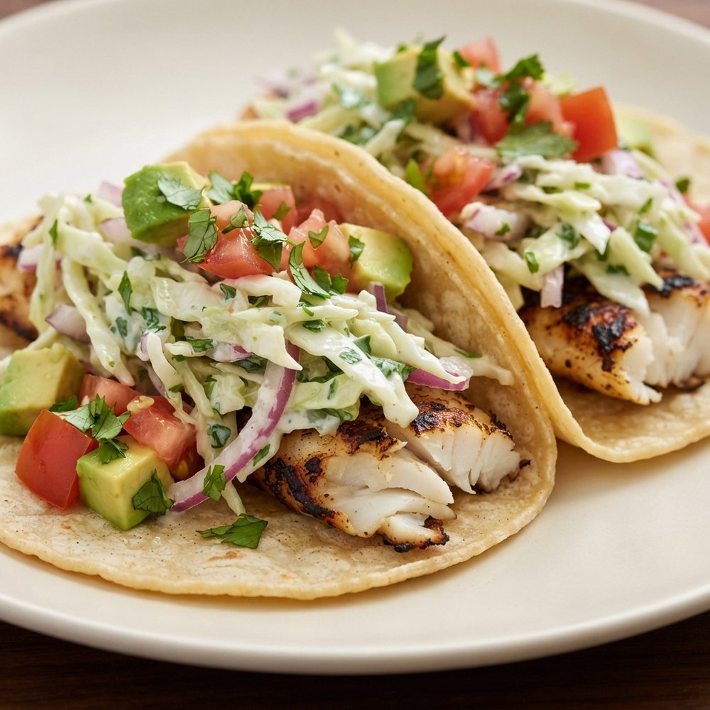 Char-Grilled Fish Tacos with Creamy Cilantro Slaw
