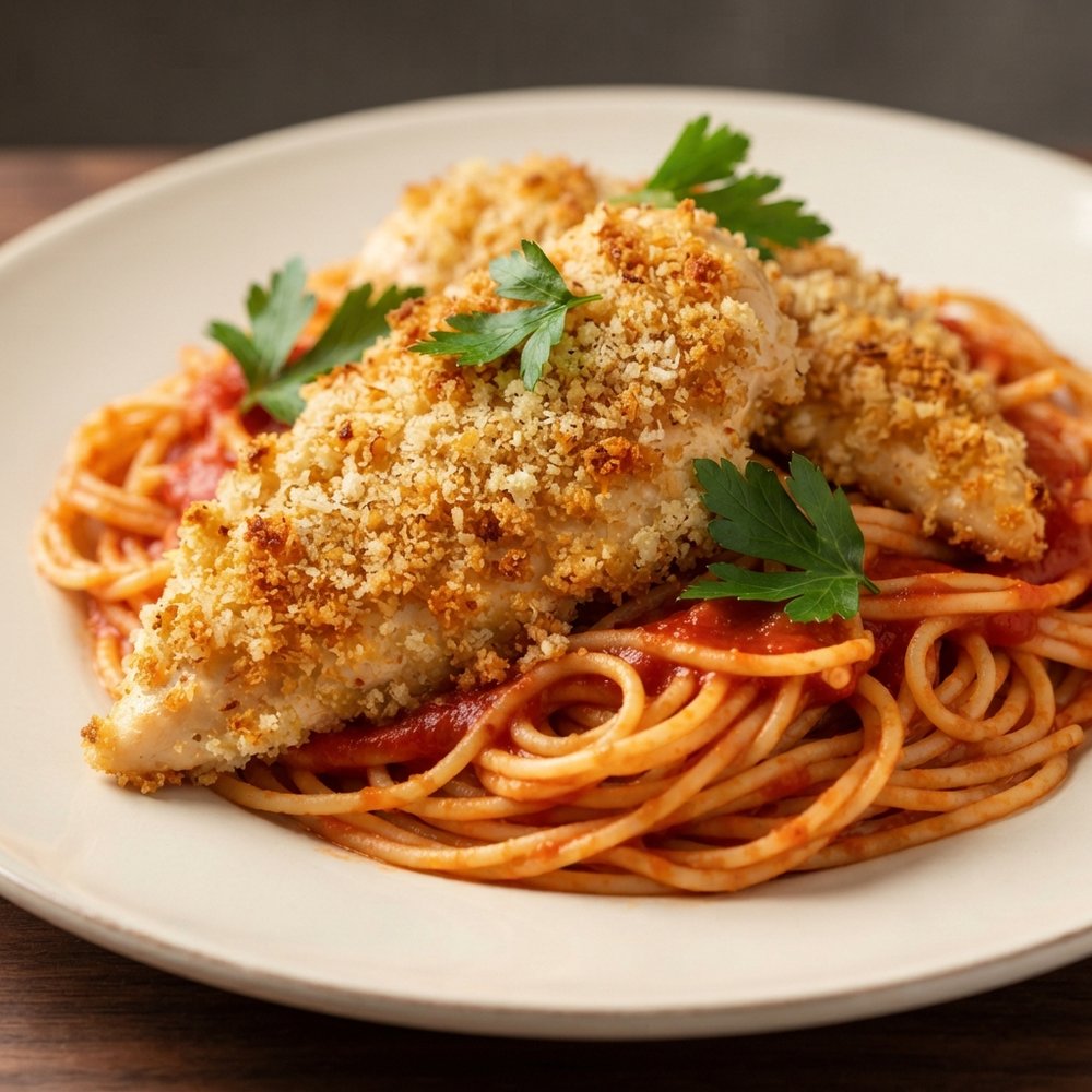 Romano-Crusted Chicken with Spaghetti