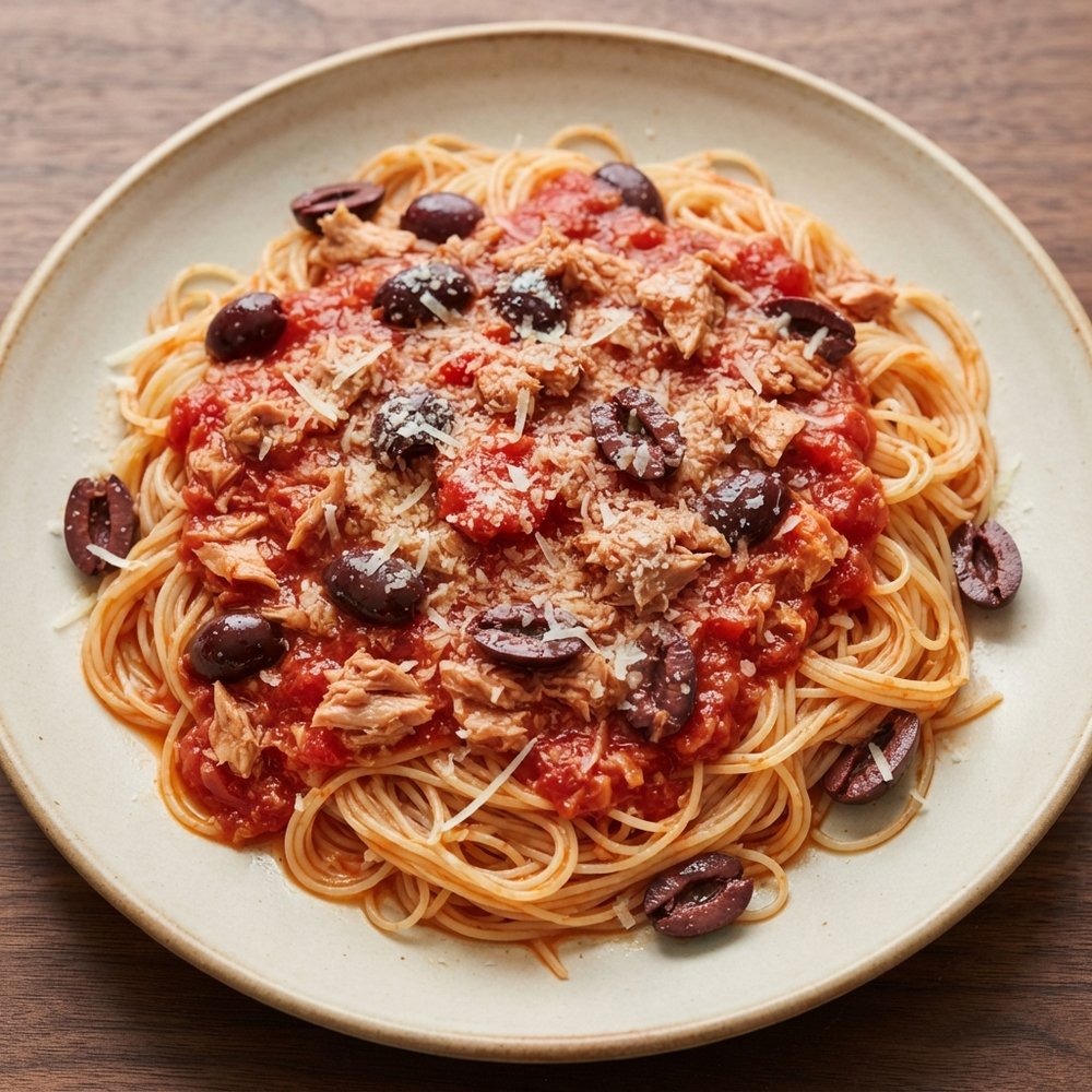 Angel Hair with Tomato, Tuna, and Olive Sauce